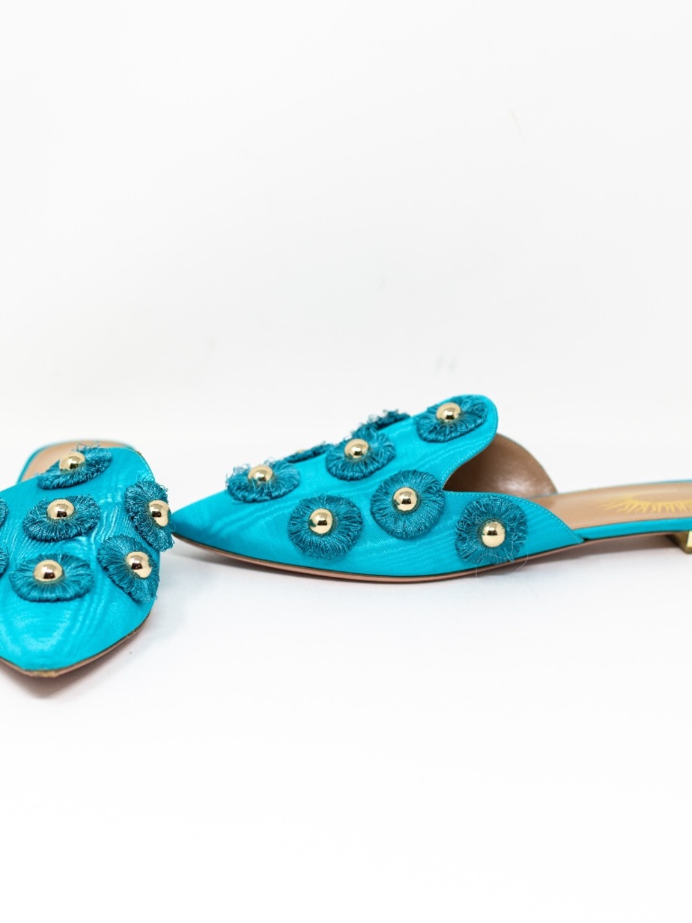 Aquazzura Sunflower Studded Embellished Fringe Pointed Toe Slip On Mules Flats